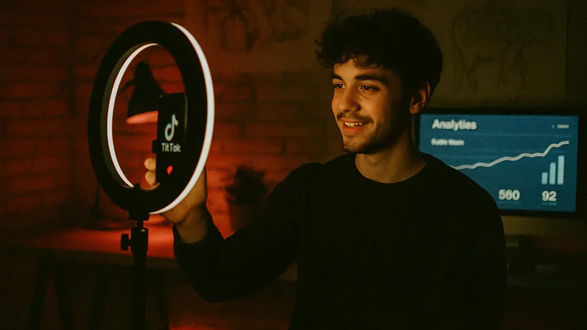 Creatore davanti a uno smartphone mentre registra un video impegnato con luci colorate