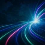 Fasci di luce colorati che rappresentano dati ad altissima velocità che viaggiano attraverso fibre ottiche