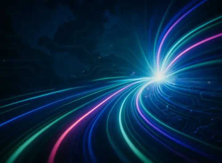 Fasci di luce colorati che rappresentano dati ad altissima velocità che viaggiano attraverso fibre ottiche