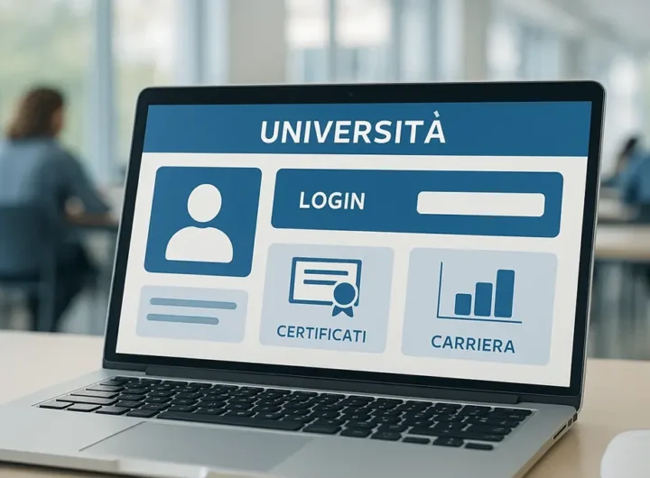 Icona stilizzata di un laptop con lo schermo che mostra un portale universitario e un cursore del mouse