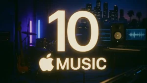 Immagine stilizzata del logo di Apple Music in oro con un grande 10