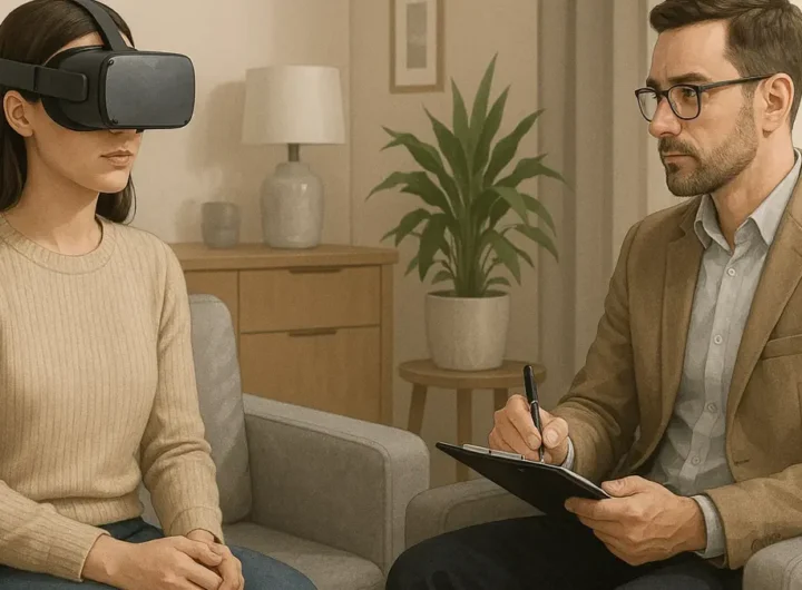 Paziente con visore VR in uno studio medico, seguito da uno psicologo durante una sessione terapeutica