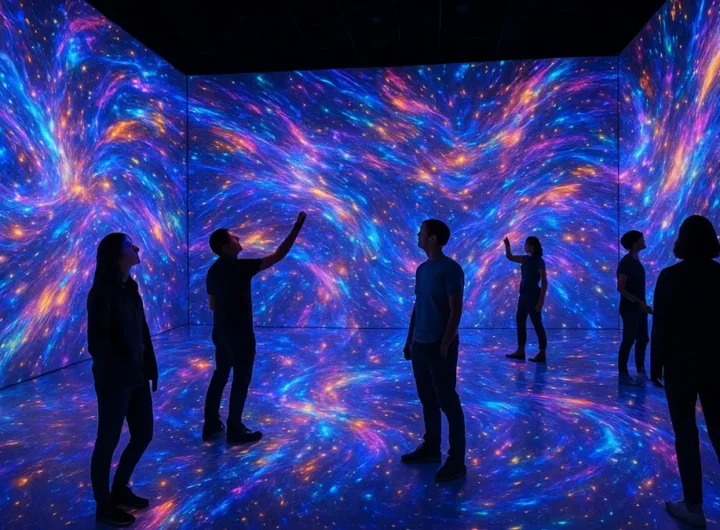Persone immerse in un’installazione artistica con luci e proiezioni 3D