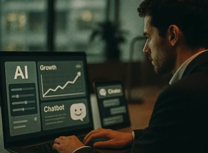 Professionista che lavora al computer utilizzando dashboard con strumenti AI