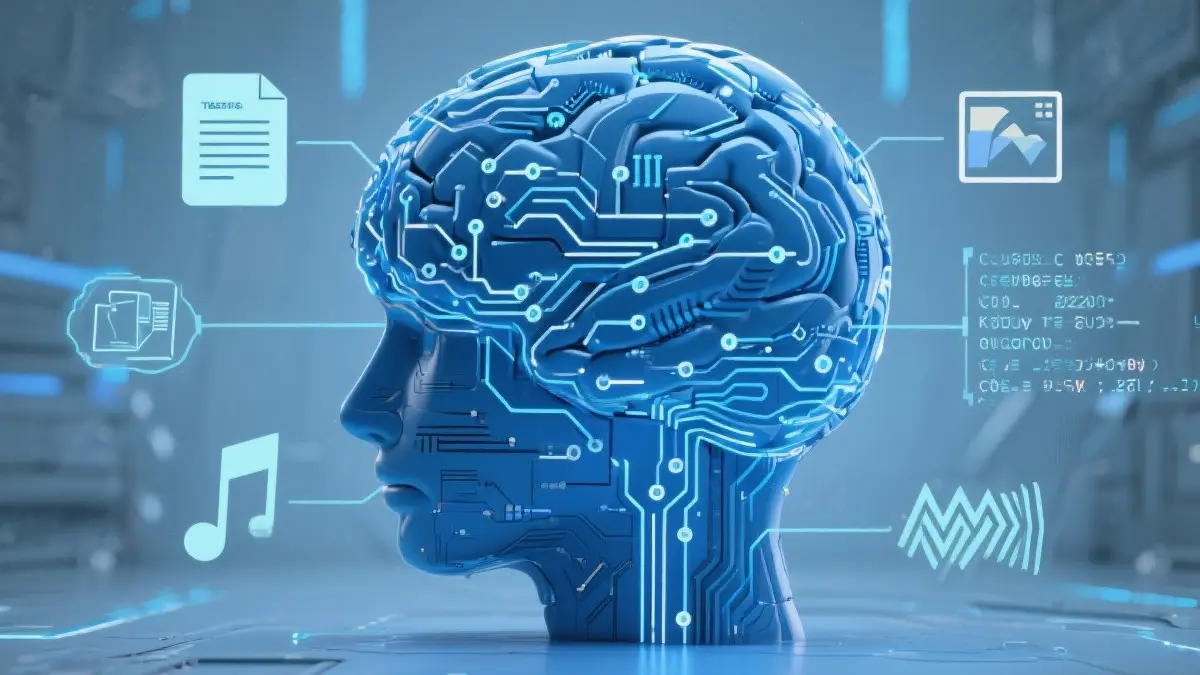 Rappresentazione concettuale di un cervello digitale che crea testi immagini e suoni