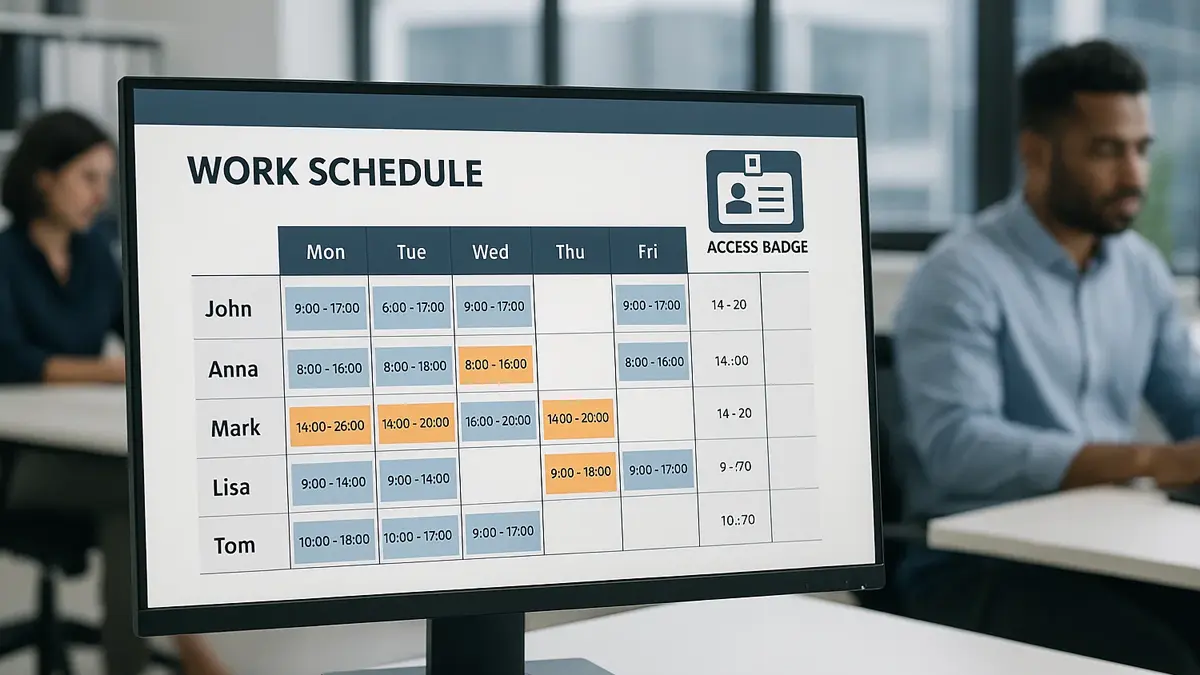Schermata software con turni e accessi dipendenti in un ufficio moderno