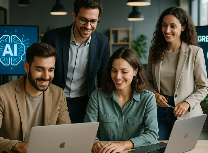 Startup italiane innovative al lavoro in un moderno coworking tecnologico