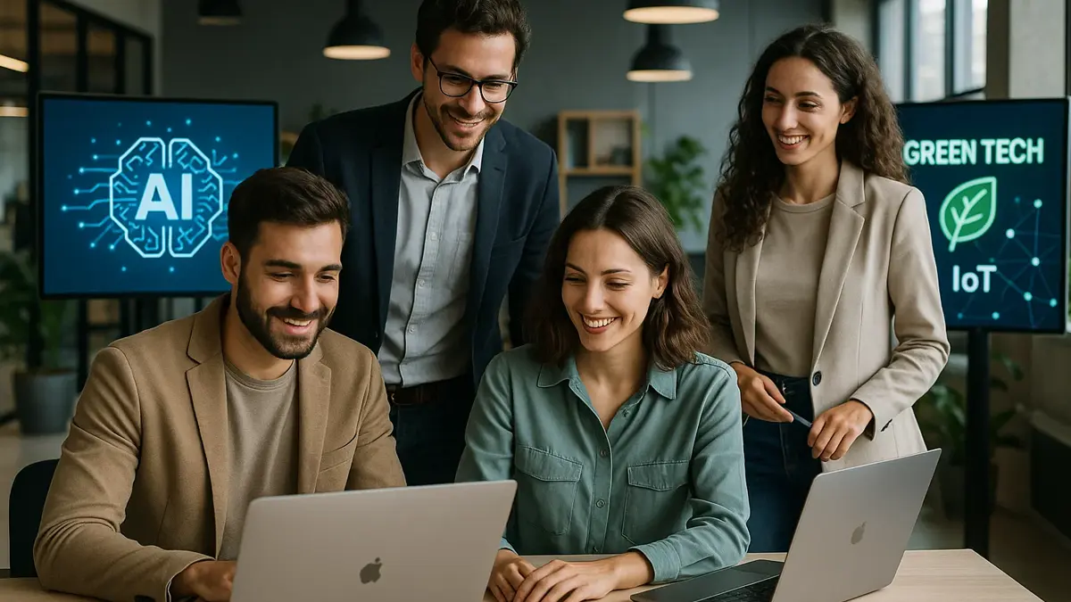 Startup italiane innovative al lavoro in un moderno coworking tecnologico