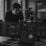 Team di startup che lavora con interfacce di intelligenza artificiale in ufficio moderno