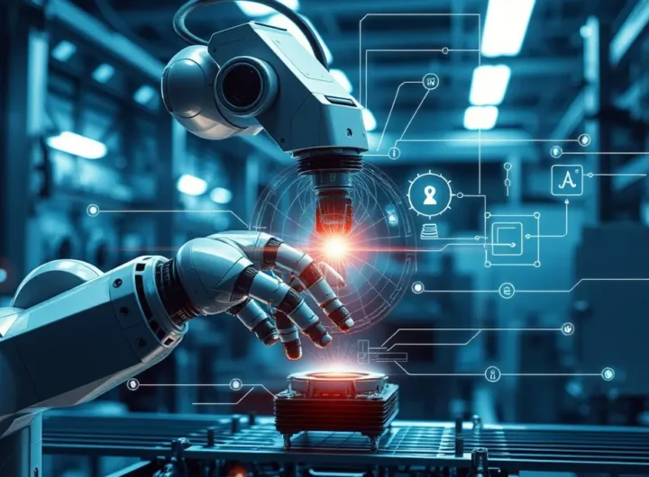 Un braccio robotico industriale che tiene un prodotto sotto una telecamera di visione artificiale