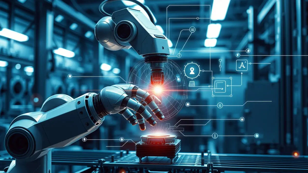 Un braccio robotico industriale che tiene un prodotto sotto una telecamera di visione artificiale