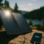 Un caricatore solare portatile pieghevole aperto su una roccia