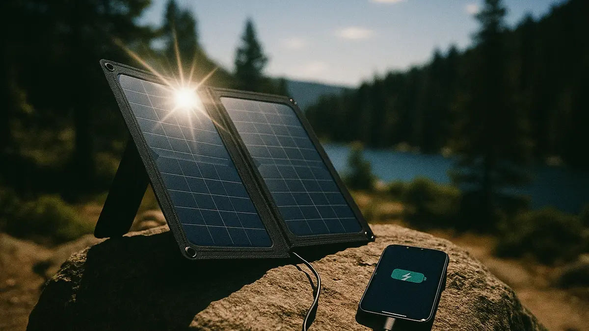 Un caricatore solare portatile pieghevole aperto su una roccia