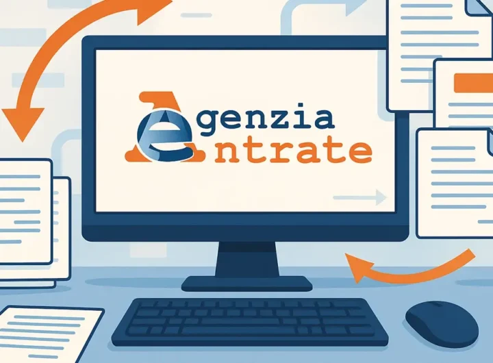 Un computer desktop con il logo stilizzato dell'Agenzia delle Entrate sul monitor