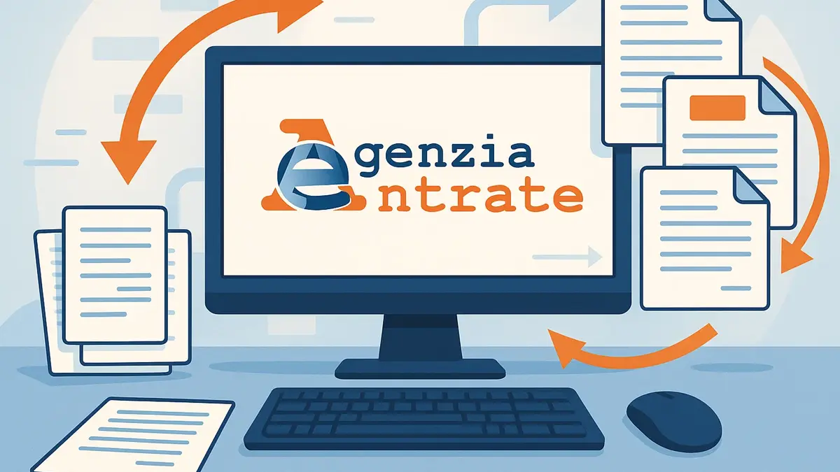 Un computer desktop con il logo stilizzato dell'Agenzia delle Entrate sul monitor
