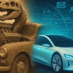 Un dinosauro stilizzato che regge un volante auto antico mentre uno smartphone moderno è sullo sfondo