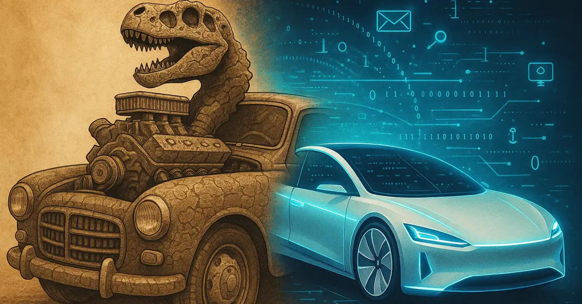 Un dinosauro stilizzato che regge un volante auto antico mentre uno smartphone moderno è sullo sfondo