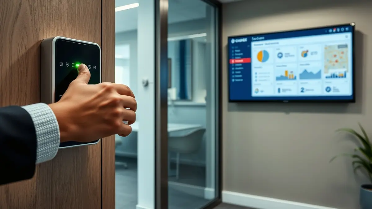 Un dipendente che utilizza un badge per sbloccare una porta in un ambiente aziendale moderno