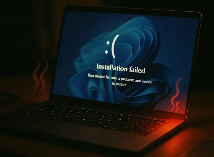 Un laptop con lo schermo che mostra un errore di sistema di Windows 11