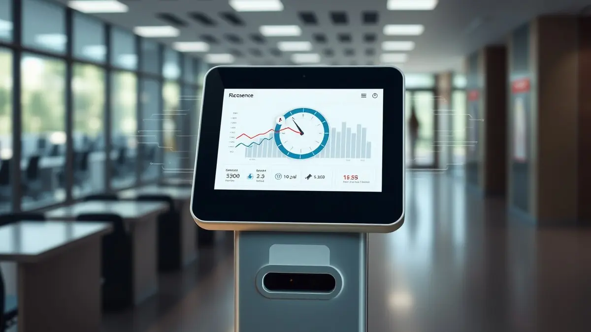 Un orologio digitale stilizzato che mostra un'interfaccia di software per la gestione delle presenze