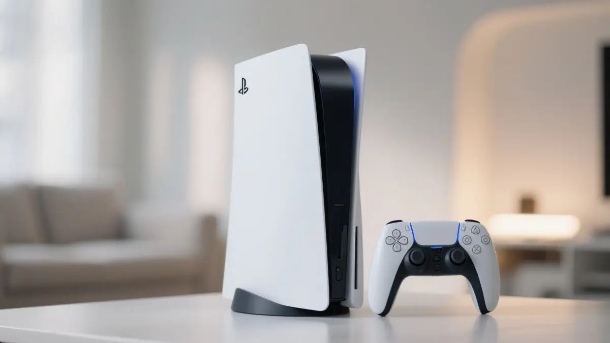 Una PlayStation 5 Slim bianca e nera posizionata verticalmente