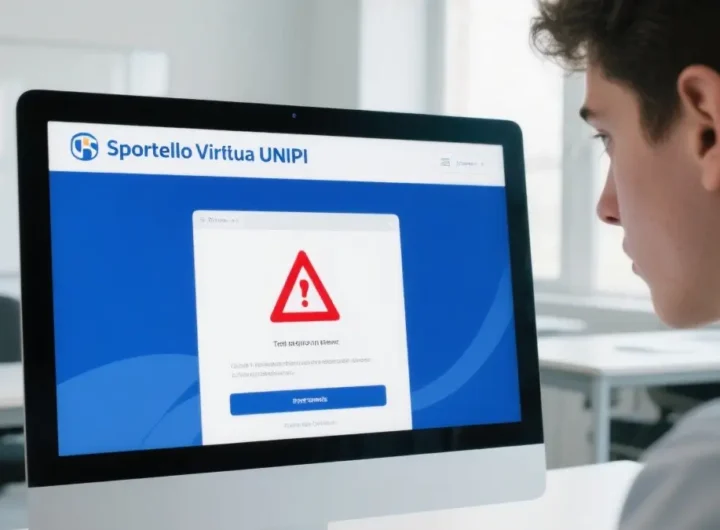 Una mano che punta a uno schermo di computer o tablet che mostra la pagina di login dello Sportello Virtuale UNIPI