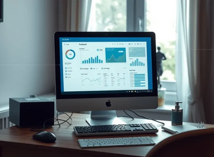 Una scrivania con un computer portatile e un'icona stilizzata di un occhio sul monitor