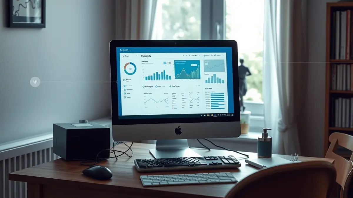 Una scrivania con un computer portatile e un'icona stilizzata di un occhio sul monitor