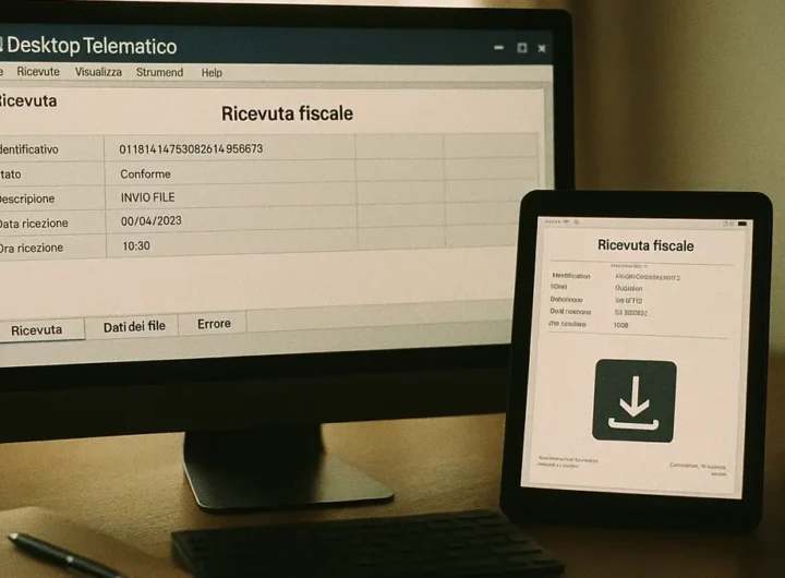 Un'immagine che mostra una scrivania ordinata con un computer su cui è aperto il software Desktop Telematico