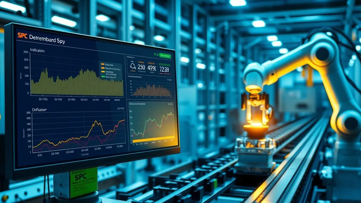 Un'interfaccia software di controllo qualità che mostra grafici SPC e dashboard di monitoraggio