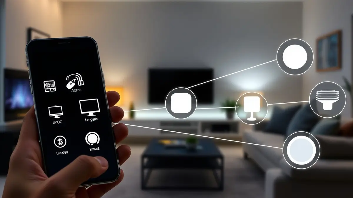 Uno smartphone stilizzato con un'interfaccia di app di controllo remoto che mostra icone di PC