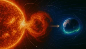 illustrazione artistica del Sole che emette espulsione di massa coronale (CME) verso la Terra