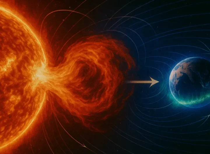 illustrazione artistica del Sole che emette espulsione di massa coronale (CME) verso la Terra