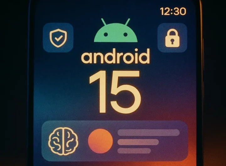 interfaccia utente di Android stilizzata con il logo di Android 15 in evidenza