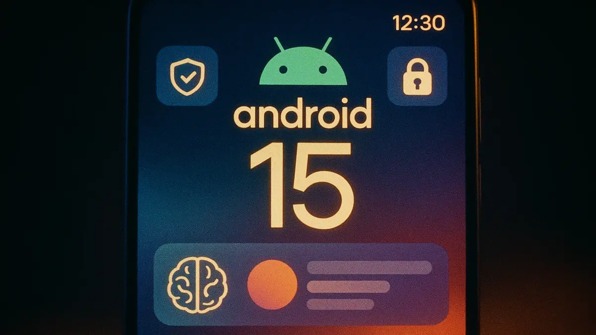 interfaccia utente di Android stilizzata con il logo di Android 15 in evidenza
