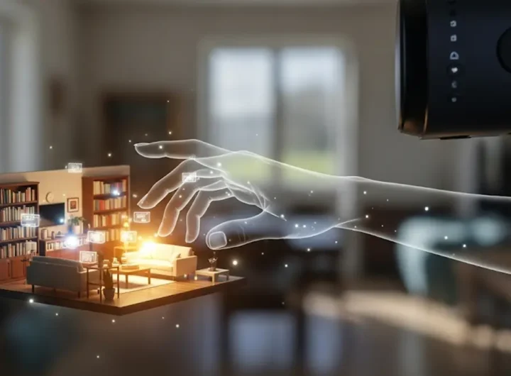 Illustrazione di una mano virtuale che interagisce con un modello in miniatura 3D di una stanza
