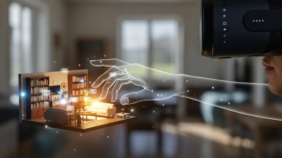 Illustrazione di una mano virtuale che interagisce con un modello in miniatura 3D di una stanza
