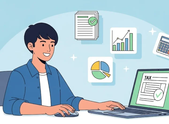 Illustrazione di una persona sorridente che lavora al computer