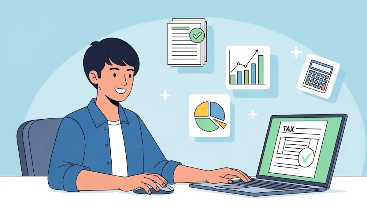 Illustrazione di una persona sorridente che lavora al computer