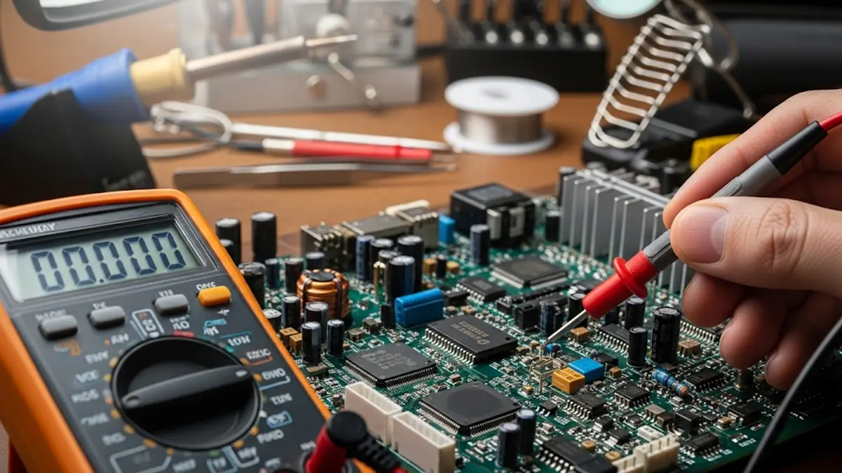 Primo piano di una scheda elettronica con evidenziato un componente bruciato