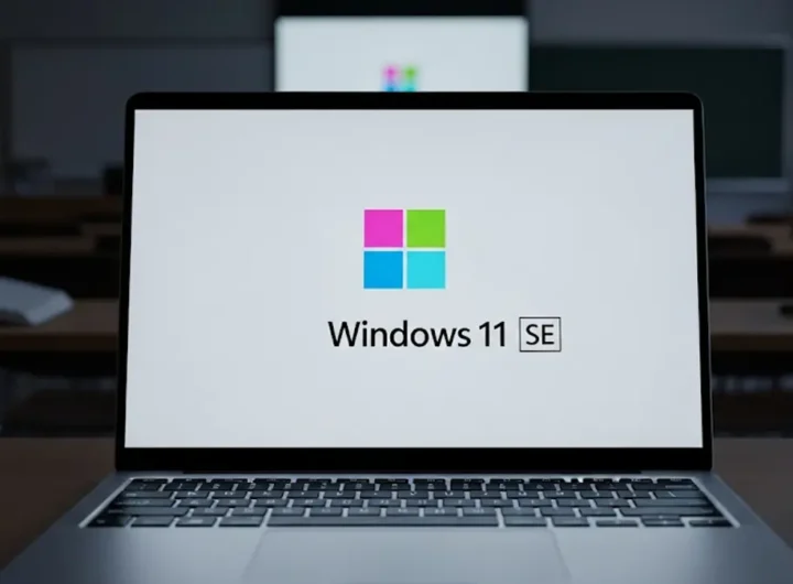 Un primo piano di un laptop aperto che mostra il logo stilizzato di Windows 11 SE sullo schermo