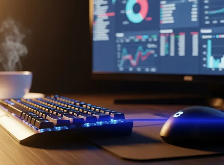 Un primo piano di una tastiera e un mouse su una scrivania