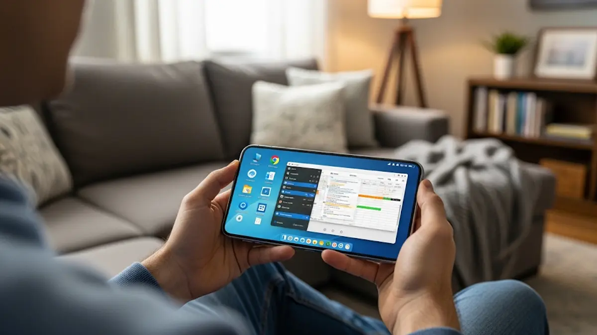 Una persona seduta comodamente su un divano controlla il desktop del suo computer di casa attraverso lo smartphone che tiene in mano