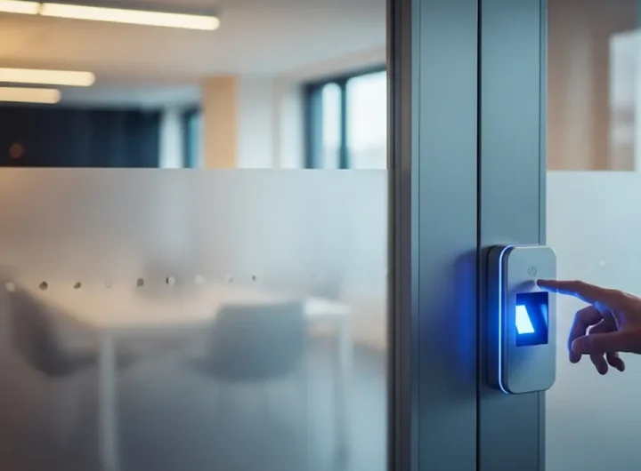 Una persona utilizza uno scanner per impronte digitali per accedere a un ufficio moderno e sicuro