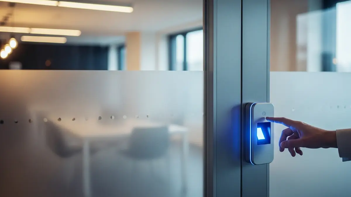 Una persona utilizza uno scanner per impronte digitali per accedere a un ufficio moderno e sicuro