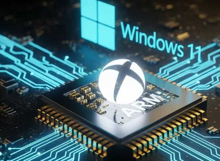 il logo luminoso di Xbox al centro di un microchip con architettura ARM