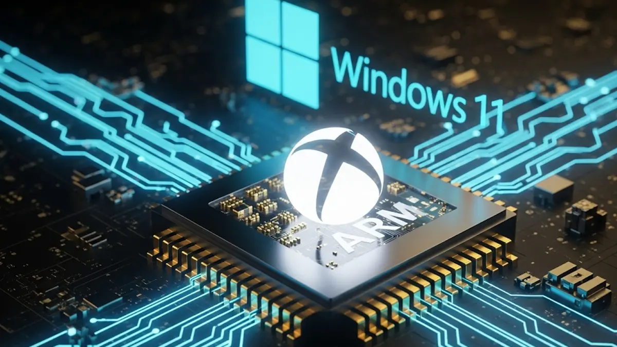il logo luminoso di Xbox al centro di un microchip con architettura ARM