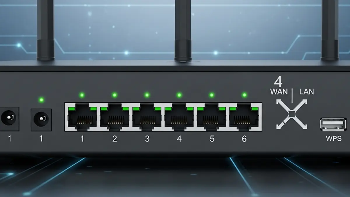 il retro di un router moderno con le porte Ethernet illuminate