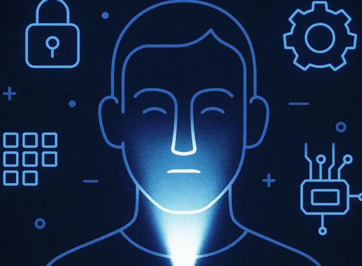 illustrazione minimalista mostra un volto stilizzato che viene scansionato da un sensore digitale
