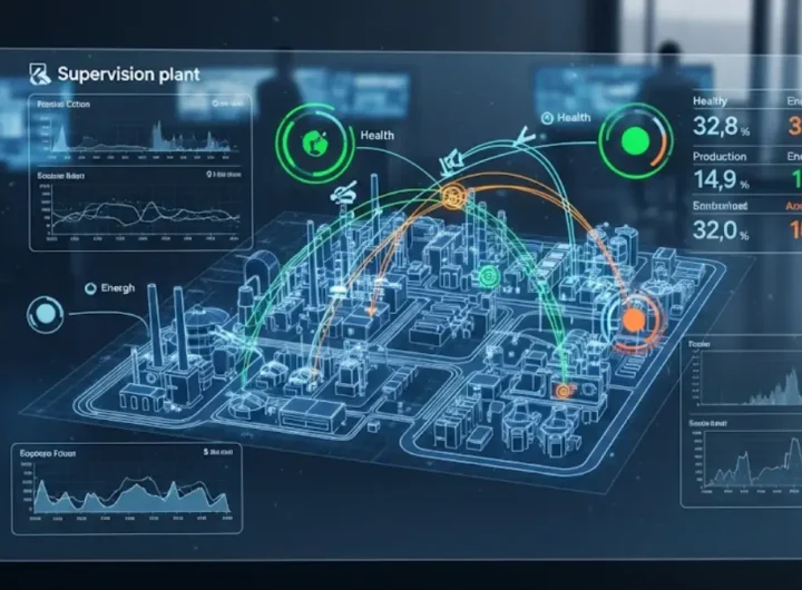 immagine che raffigura un display futuristico e interattivo di un software di supervisione impianti